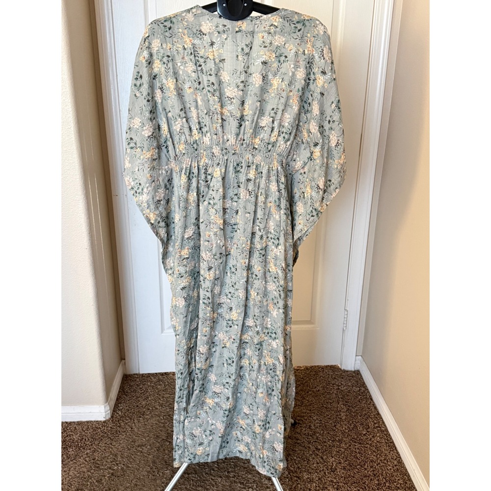 Natural Life Floral Kaftan Maxi Dress Sage Green Cotton V-Neck Empire Waist - Picture 6 of 7